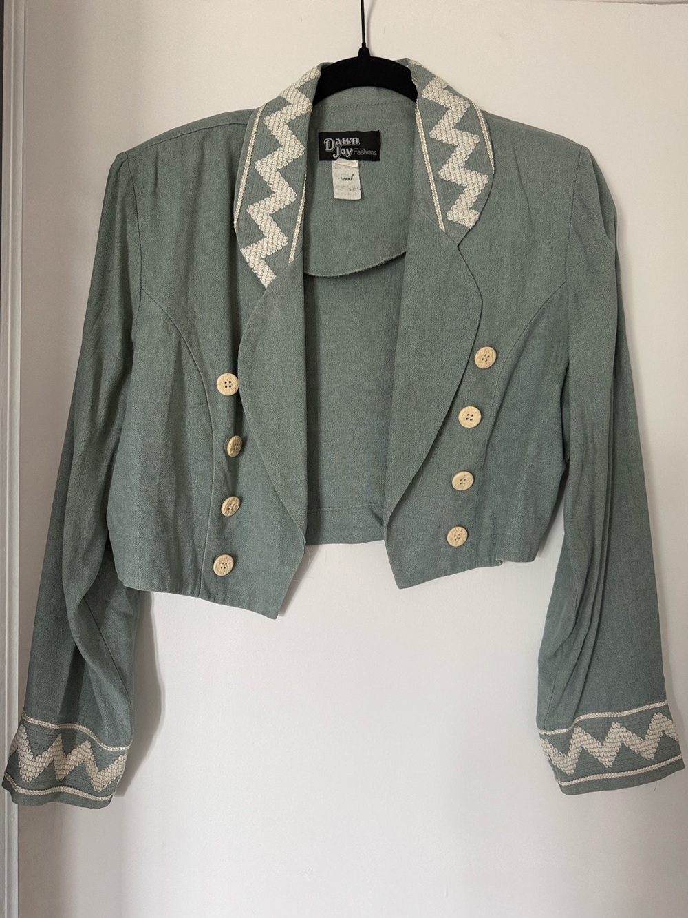 Vintage 90s Dawn Joy Fashions sage green cropped bolero open front jacket